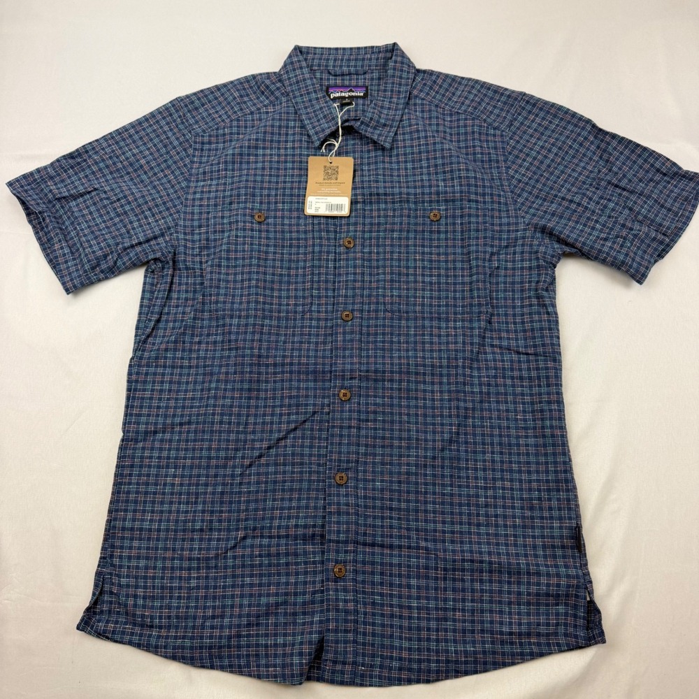 Patagonia Back Step Shirt Mens S Stone Blue Rainfall Plaid Hemp Cotton 53139